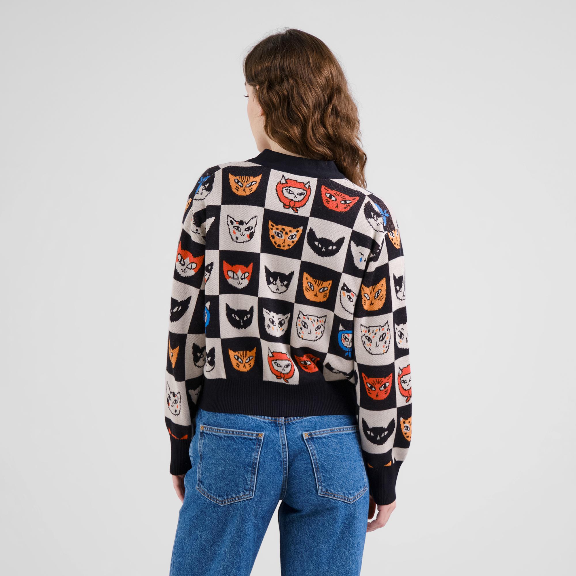 Dedicated Kanan Cat Bingo Cardigan Strickjacke Bio Baumwolle weiß schwarz